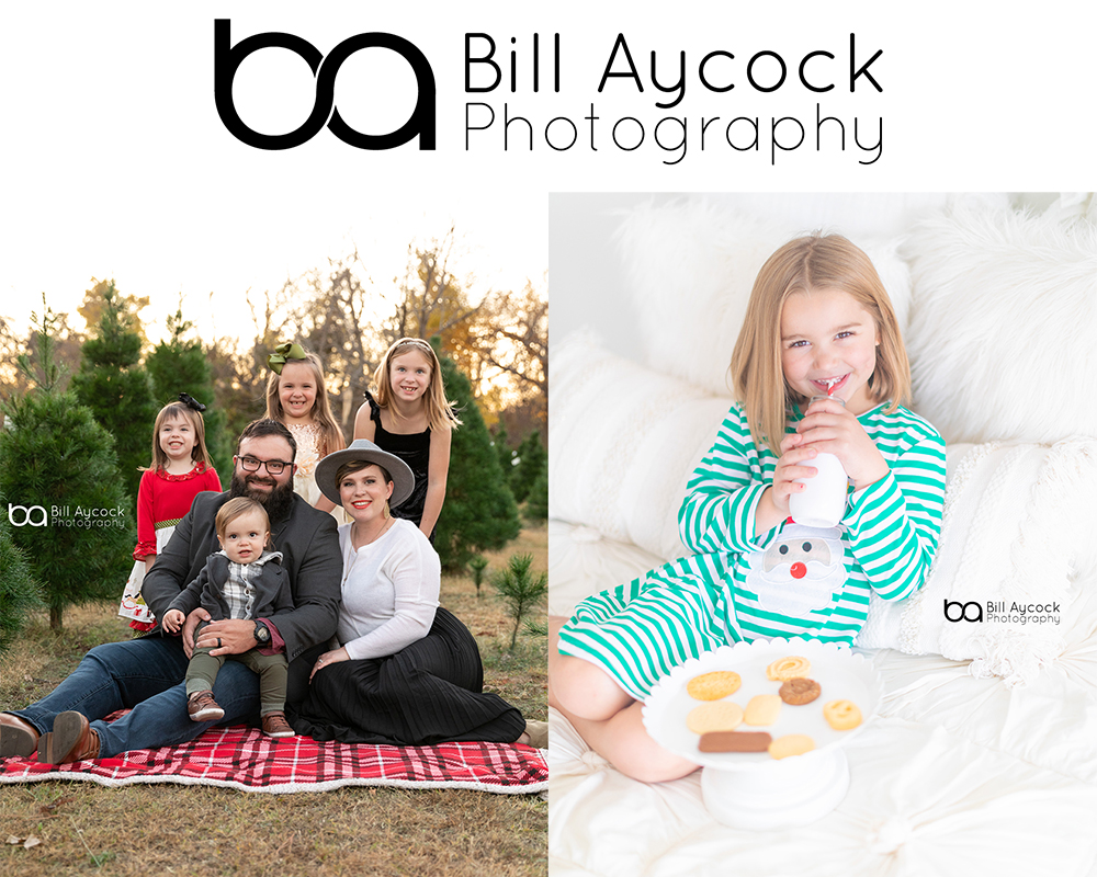 Two Images. Left - Family in tree farm, right girl in studio with milk and cookies 