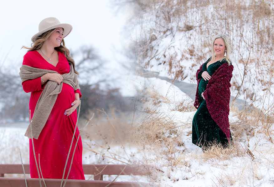 Two expectant mothers having photos taken in the snow